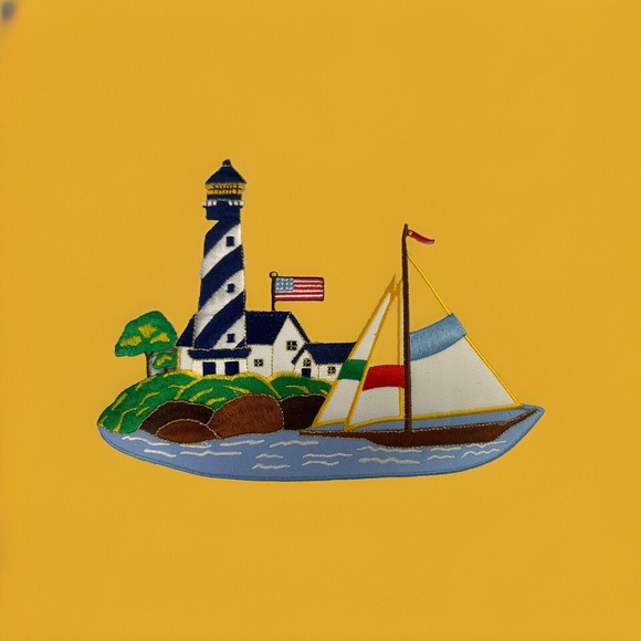 Other - Giant Lighthouse Sail Boat Iron On Patch 8"x6"‎ Nautical Scene Vintage Detailed